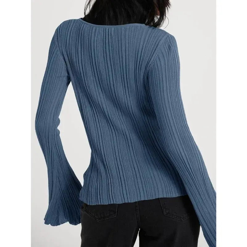 Womens Bell Long Sleeve Tops Going Out Knitted Fall Pullover Lightweight Sweater Shirts