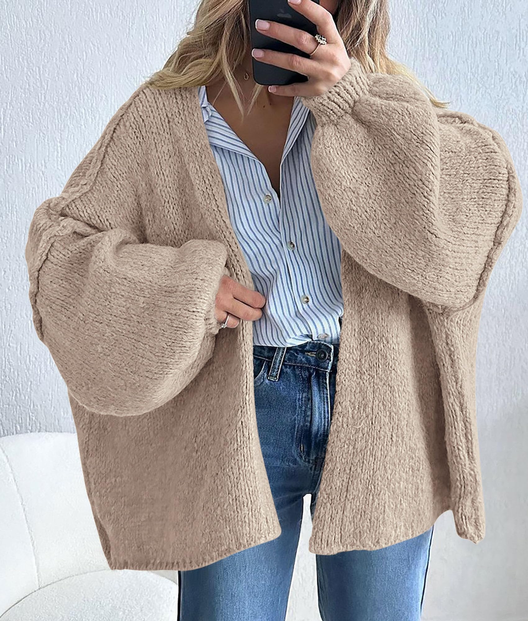 Womens Oversized Long Lantern Sleeve Knit Open Front Lightweight Cardigan Sweaters(buy 2 free shipping)