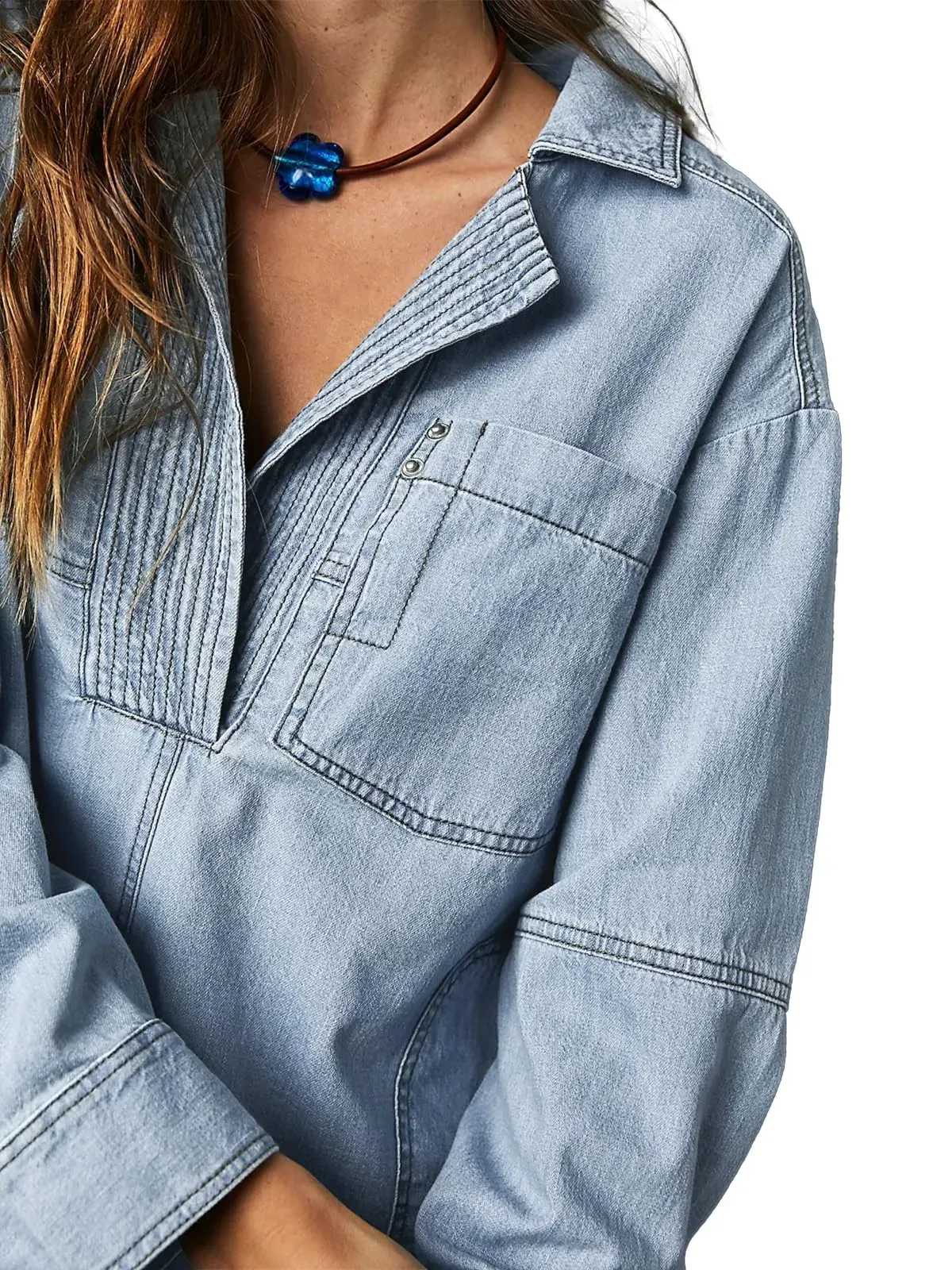 Women's V-Neck Denim Pullover Shirt (Buy 2 Free Shipping)