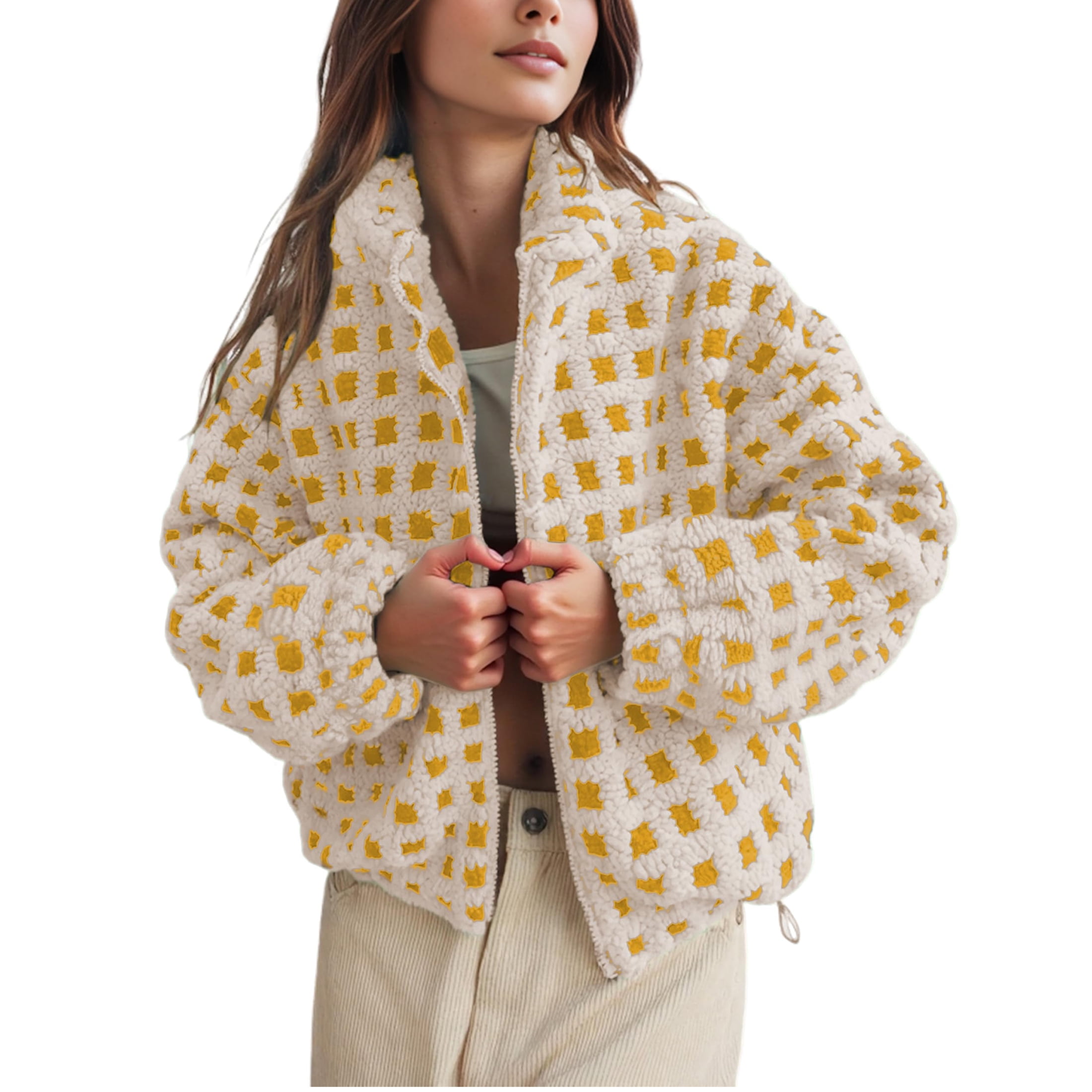 Women's Sherpa Checkered Fleece Jacket Long Sleeve Coat Warm Zip Up Plaid Outwear with Pocket