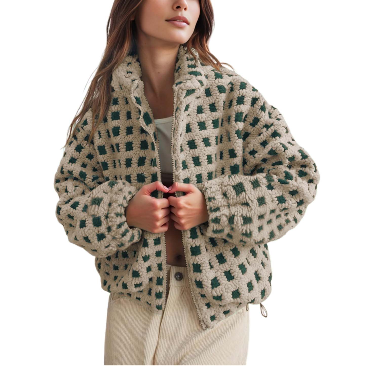 Women's Sherpa Checkered Fleece Jacket Long Sleeve Coat Warm Zip Up Plaid Outwear with Pocket