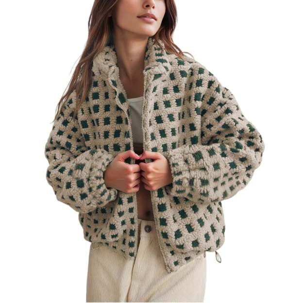 Women's Sherpa Checkered Fleece Jacket Long Sleeve Coat Warm Zip Up Plaid Outwear with Pocket