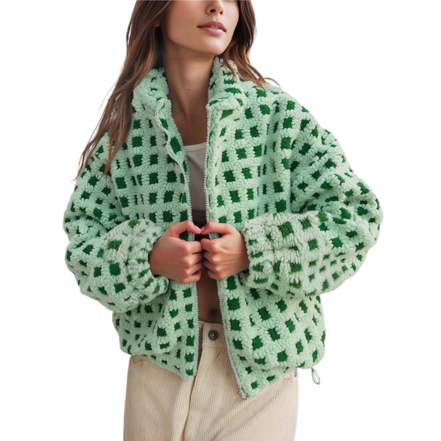 Women's Sherpa Checkered Fleece Jacket Long Sleeve Coat Warm Zip Up Plaid Outwear with Pocket
