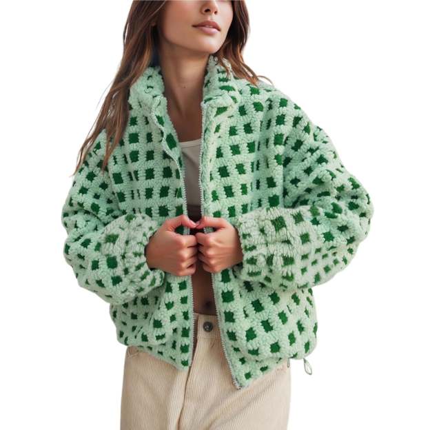 Women's Sherpa Checkered Fleece Jacket Long Sleeve Coat Warm Zip Up Plaid Outwear with Pocket