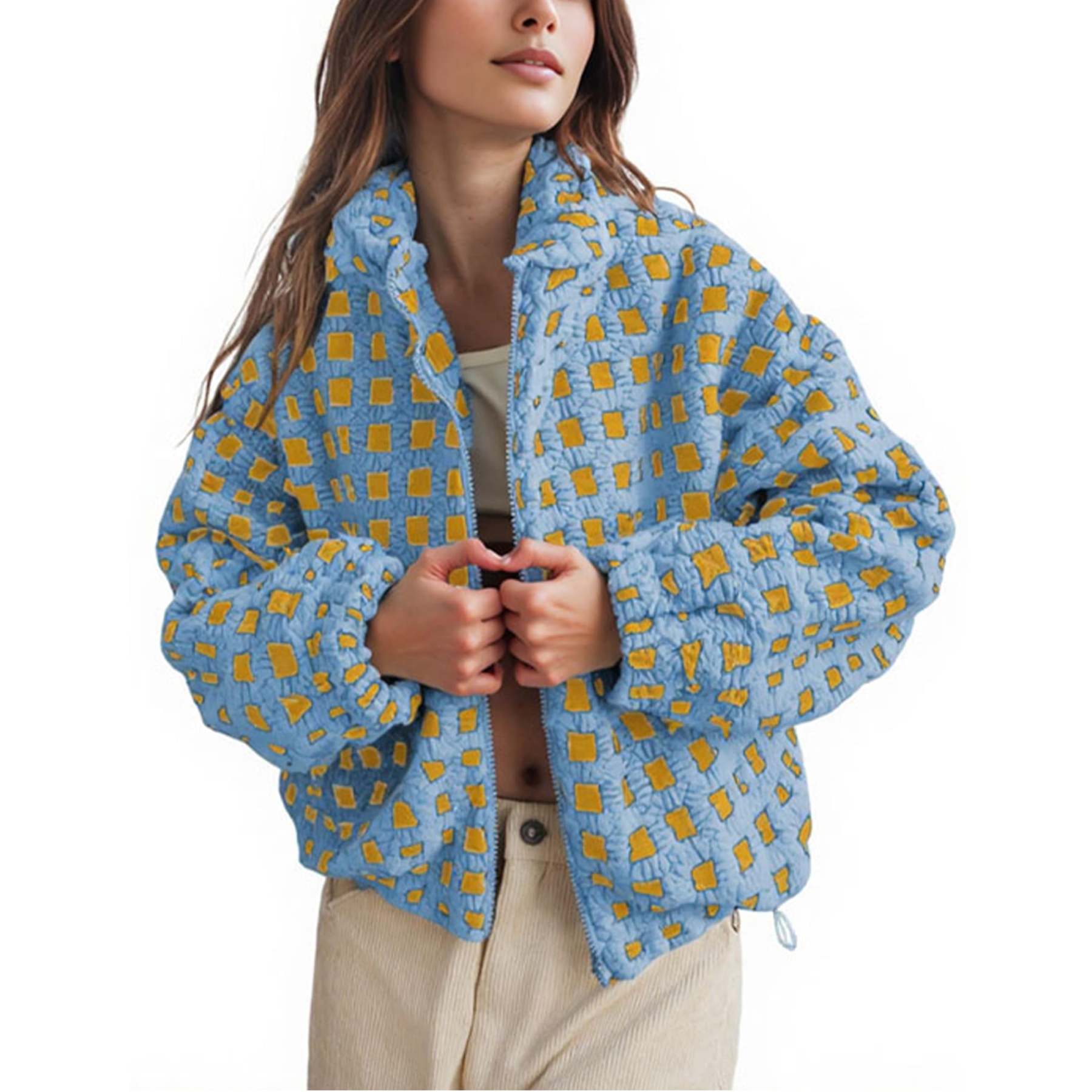 Women's Sherpa Checkered Fleece Jacket Long Sleeve Coat Warm Zip Up Plaid Outwear with Pocket