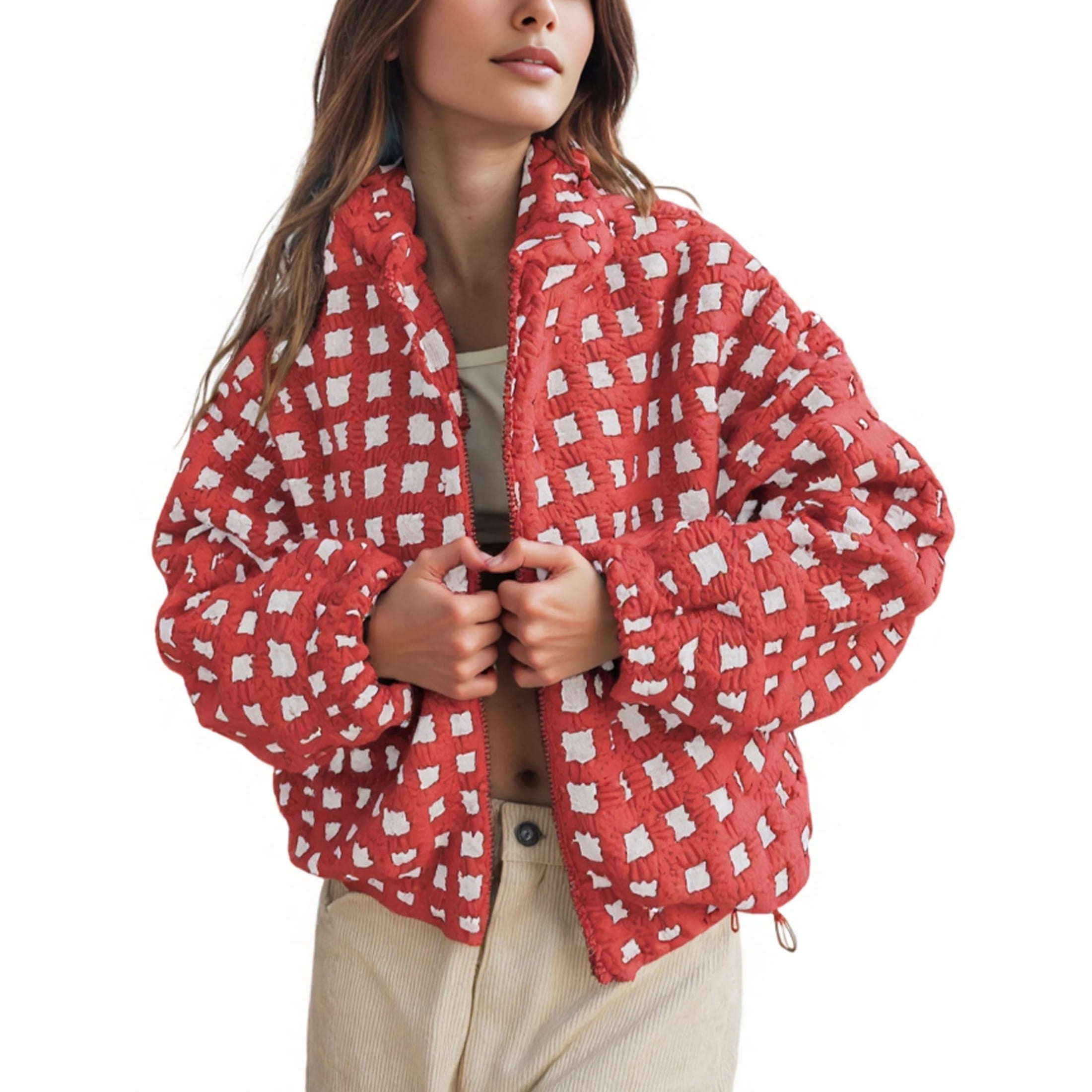 Women's Sherpa Checkered Fleece Jacket Long Sleeve Coat Warm Zip Up Plaid Outwear with Pocket