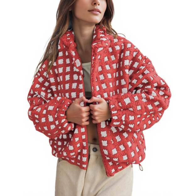Women's Sherpa Checkered Fleece Jacket Long Sleeve Coat Warm Zip Up Plaid Outwear with Pocket