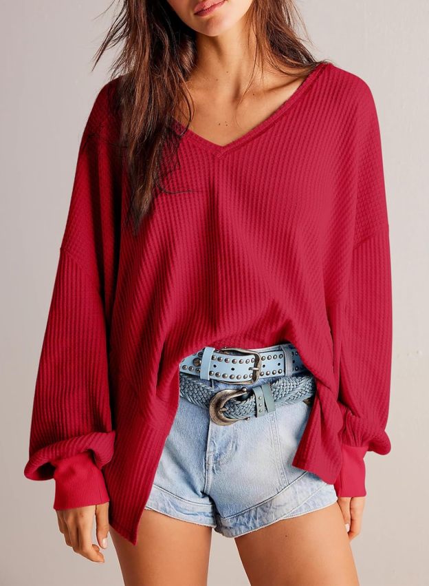 Waffle Knit Tops  Long Lantern Sleeve Casual Blouses