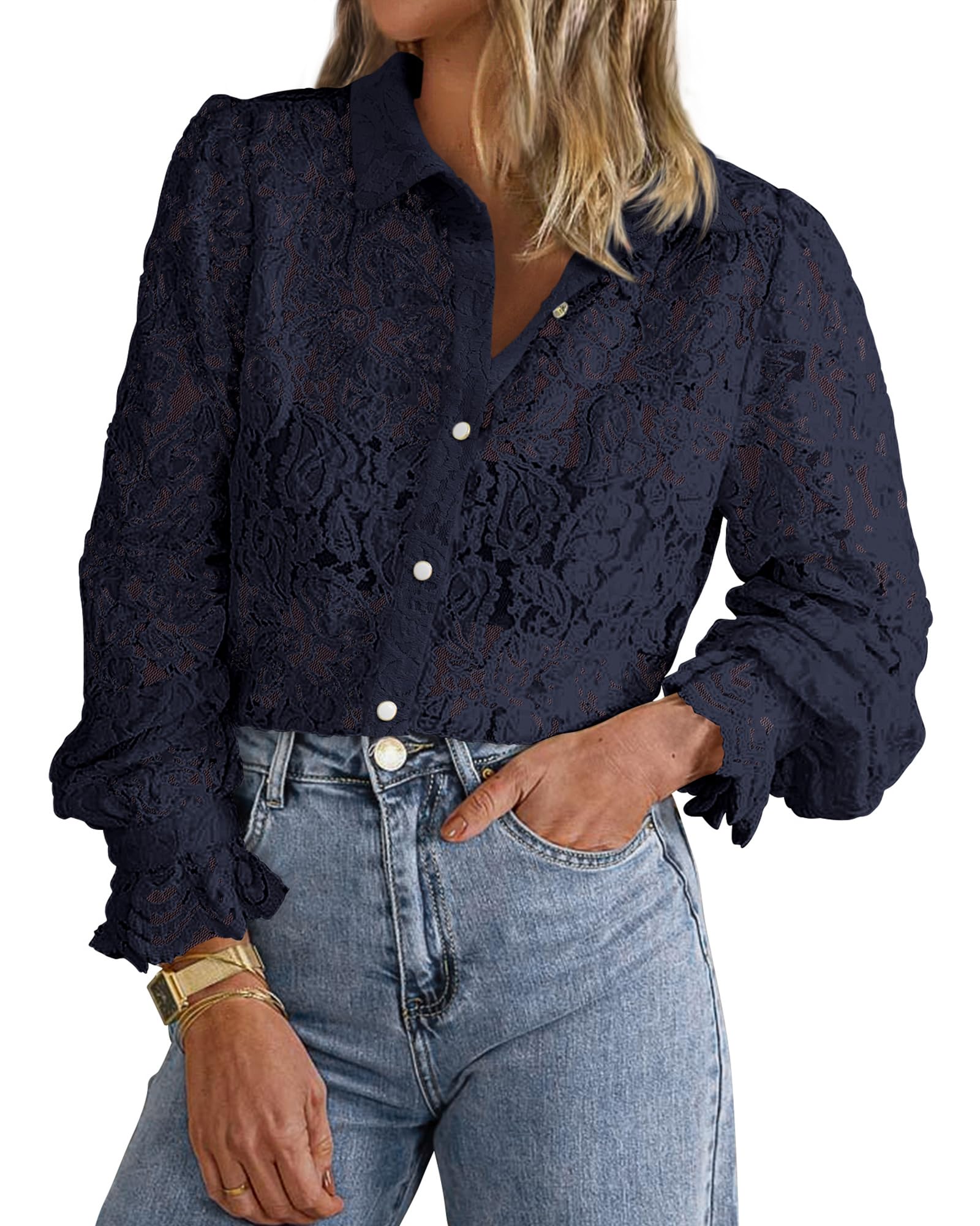 Women's Lace Blouses Long Sleeve Button Down Shirt(Buy 2 Free Shipping)