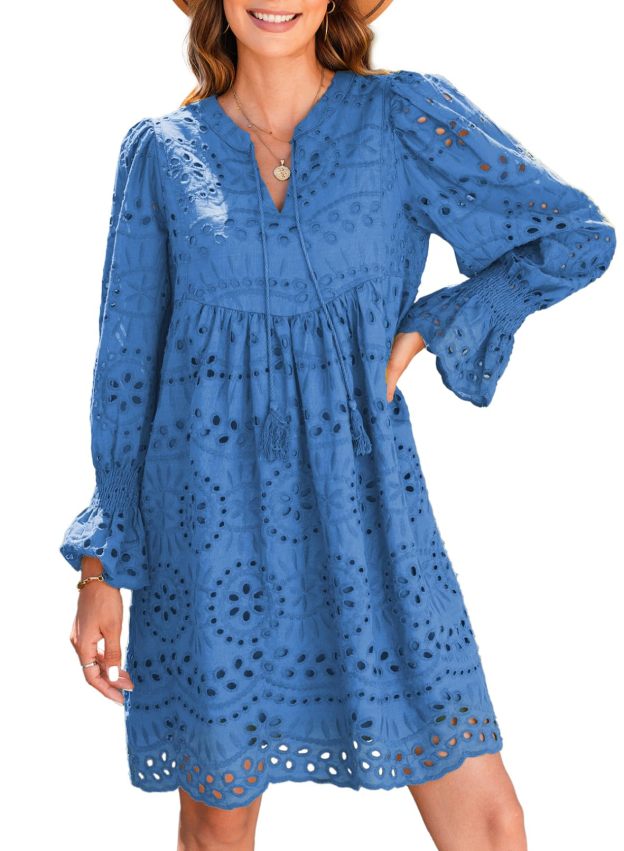 2025 New Women's V Neck Long Sleeve Hollow Out Lace Ruffle Dresses(Buy 2 Free Shipping)