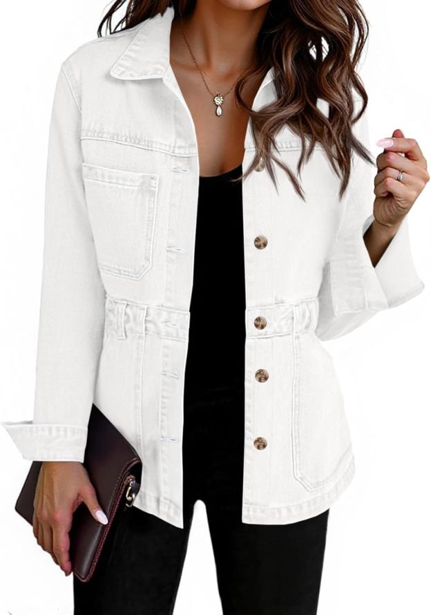 Women Distressed Jean Jacket Button Down Oversized Shacket with Pockets