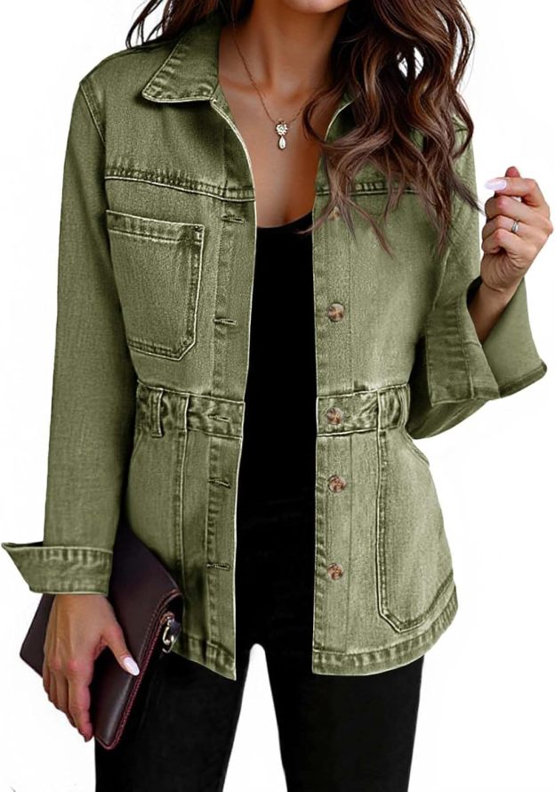 Women Distressed Jean Jacket Button Down Oversized Shacket with Pockets