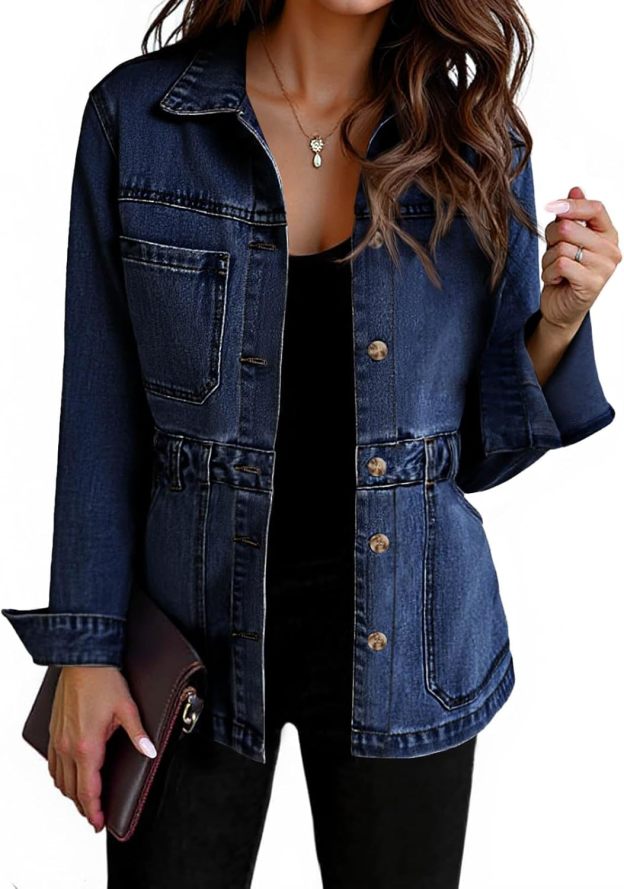 Women Distressed Jean Jacket Button Down Oversized Shacket with Pockets