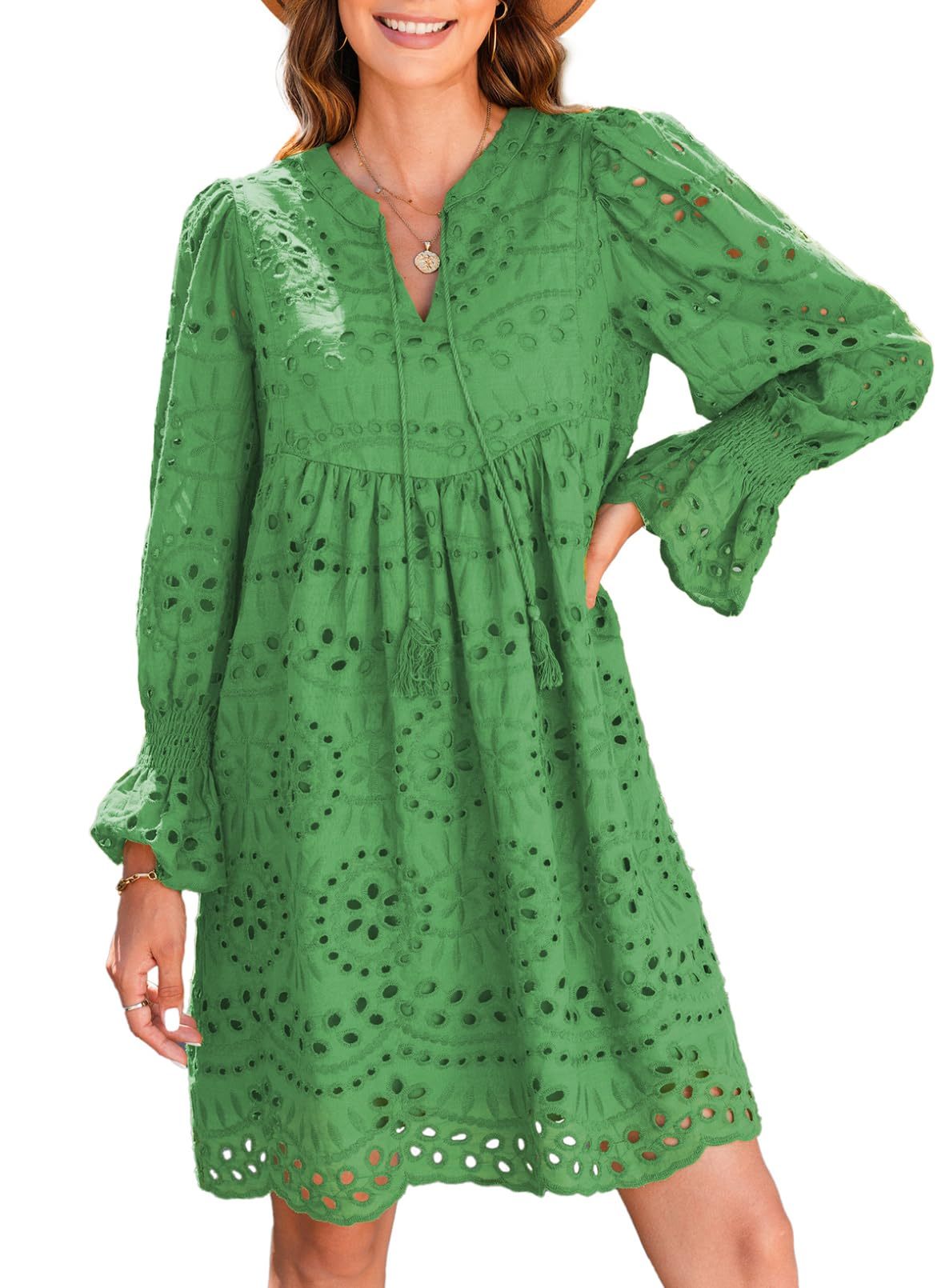 2025 New Women's V Neck Long Sleeve Hollow Out Lace Ruffle Dresses(Buy 2 Free Shipping)