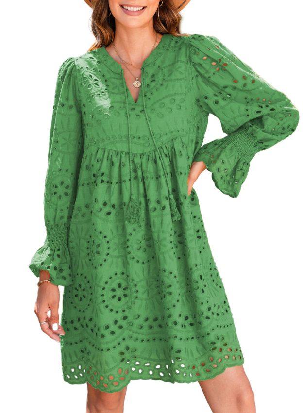 2025 New Women's V Neck Long Sleeve Hollow Out Lace Ruffle Dresses(Buy 2 Free Shipping)