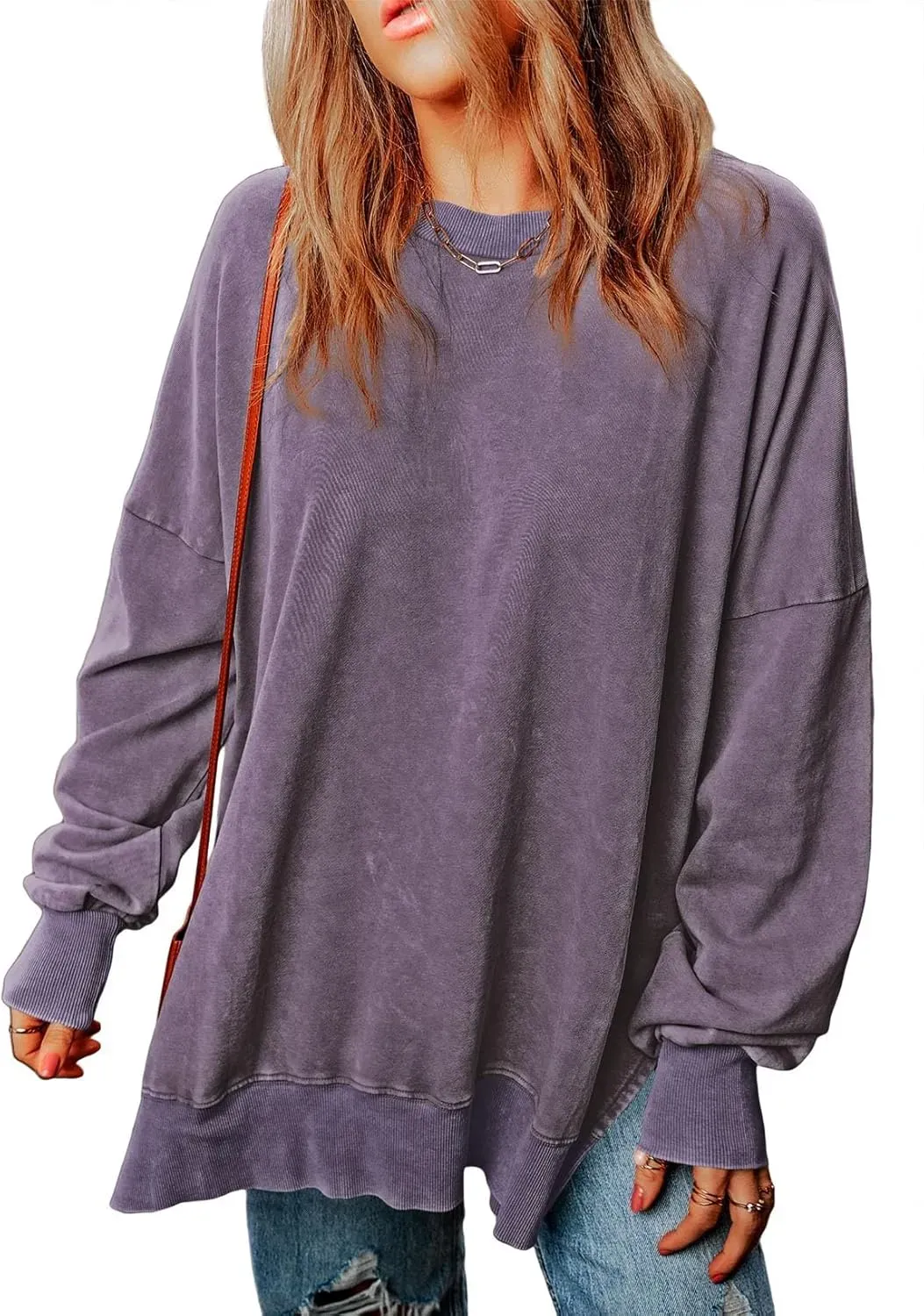 WOMENS CASUAL LONG SLEEVE CREWNECK LIGHTWEIGHT PULLOVER TOPS(BUY 2 FREE SHIPPING)