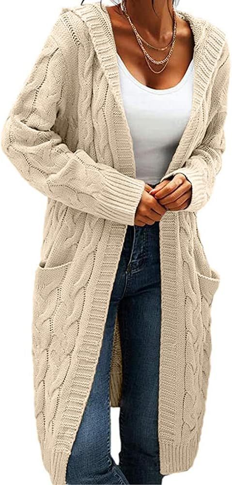 Women Hooded Open Front Cardigan Cable Knit Sweaters Chunky Long Sweater Coats