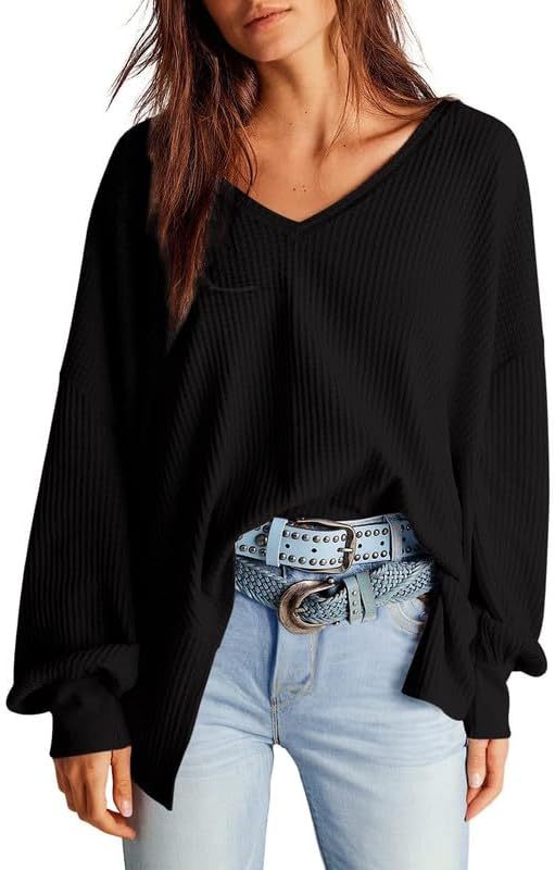 Waffle Knit Tops  Long Lantern Sleeve Casual Blouses