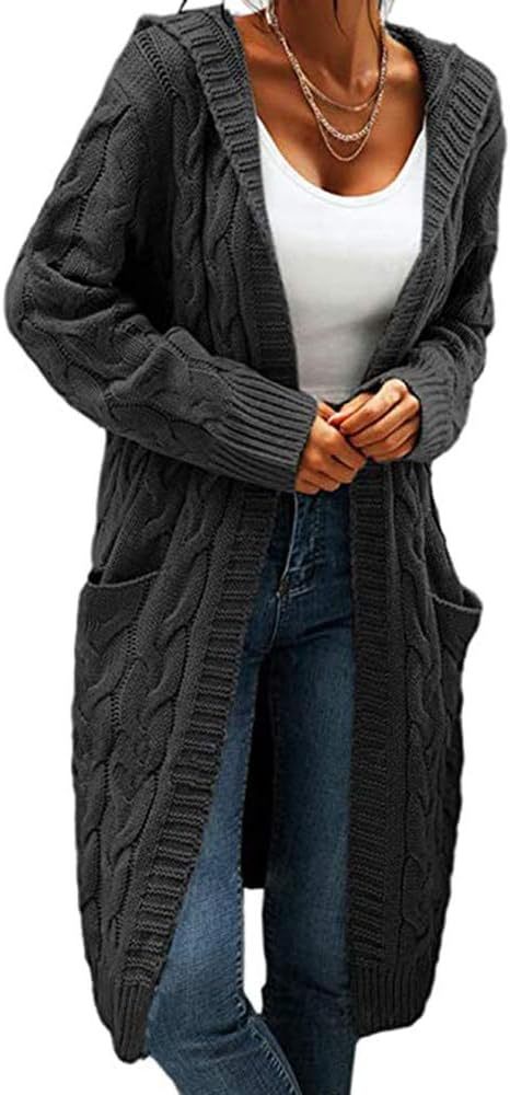Women Hooded Open Front Cardigan Cable Knit Sweaters Chunky Long Sweater Coats