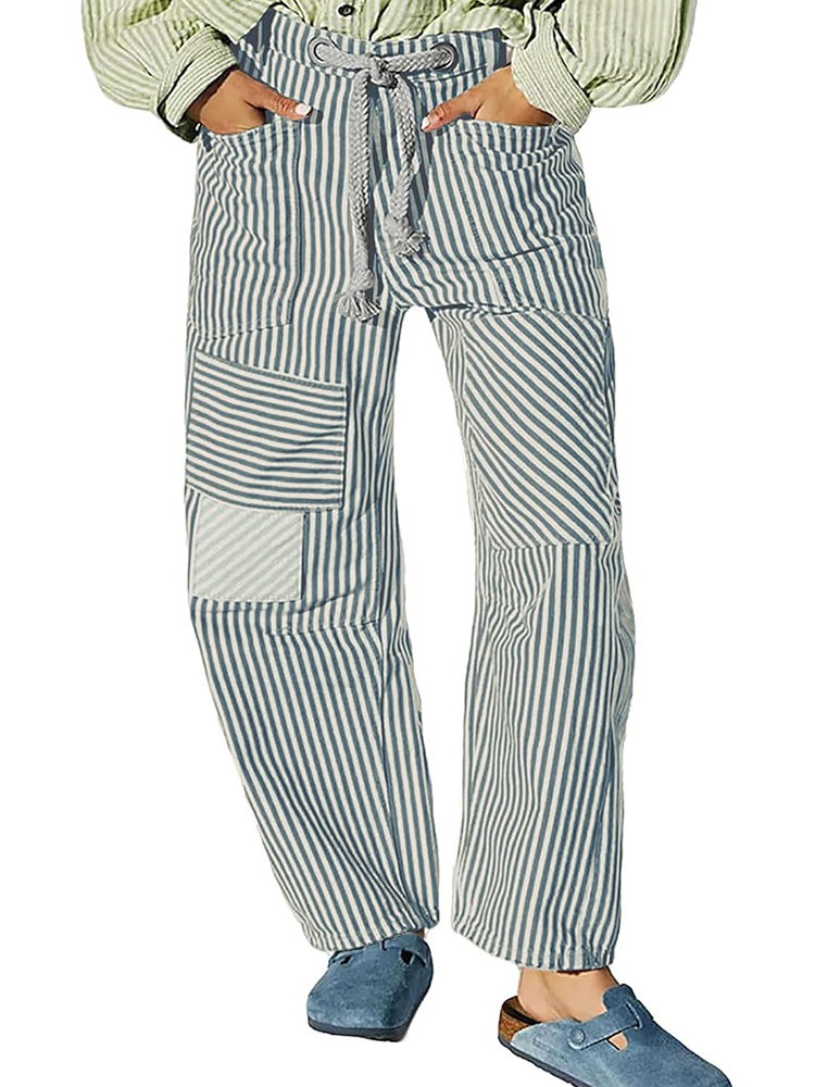Women's Striped Drawstring Wide Leg Mom Denim Pants with Pockets