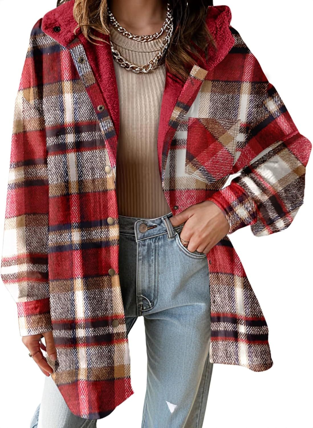 Women's Flannel Fuzzy Fleece Button down Hooded Plaid Shacket Jacket (Buy 2 Free Shipping)