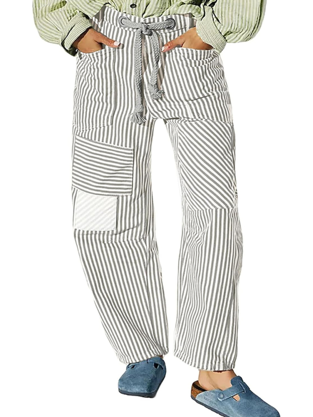 Women's Striped Drawstring Wide Leg Mom Denim Pants with Pockets