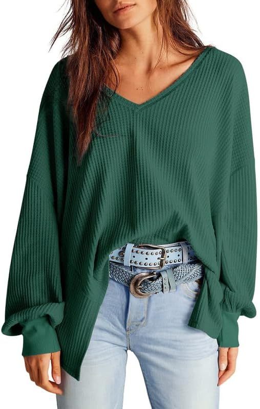 Waffle Knit Tops  Long Lantern Sleeve Casual Blouses
