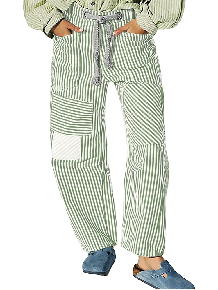 Women's Striped Drawstring Wide Leg Mom Denim Pants with Pockets