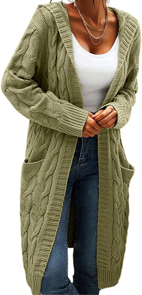 Women Hooded Open Front Cardigan Cable Knit Sweaters Chunky Long Sweater Coats