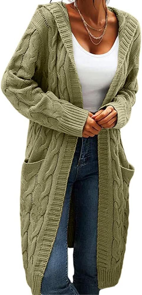 Women Hooded Open Front Cardigan Cable Knit Sweaters Chunky Long Sweater Coats