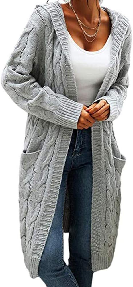 Women Hooded Open Front Cardigan Cable Knit Sweaters Chunky Long Sweater Coats