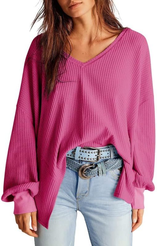 Waffle Knit Tops  Long Lantern Sleeve Casual Blouses