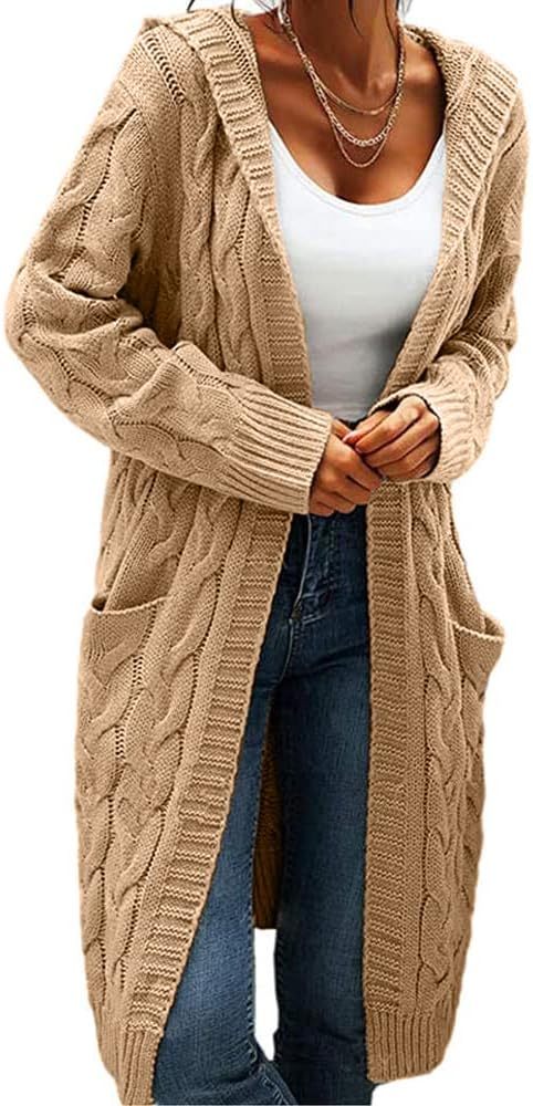 Women Hooded Open Front Cardigan Cable Knit Sweaters Chunky Long Sweater Coats