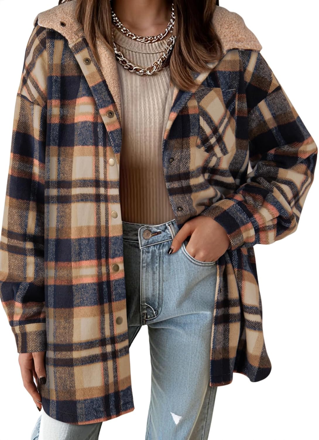 Women's Flannel Fuzzy Fleece Button down Hooded Plaid Shacket Jacket (Buy 2 Free Shipping)