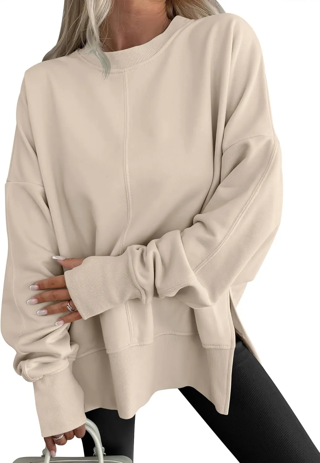WOMENS OVERSIZED THUMBHOLE LONG SLEEVE SIDE SLIT PULLOVER TOP(BUY 2 FREE SHIPPING)