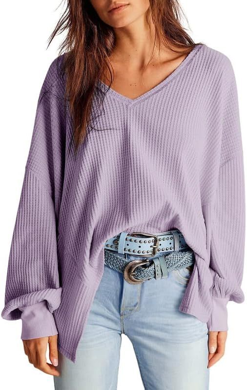 Waffle Knit Tops  Long Lantern Sleeve Casual Blouses