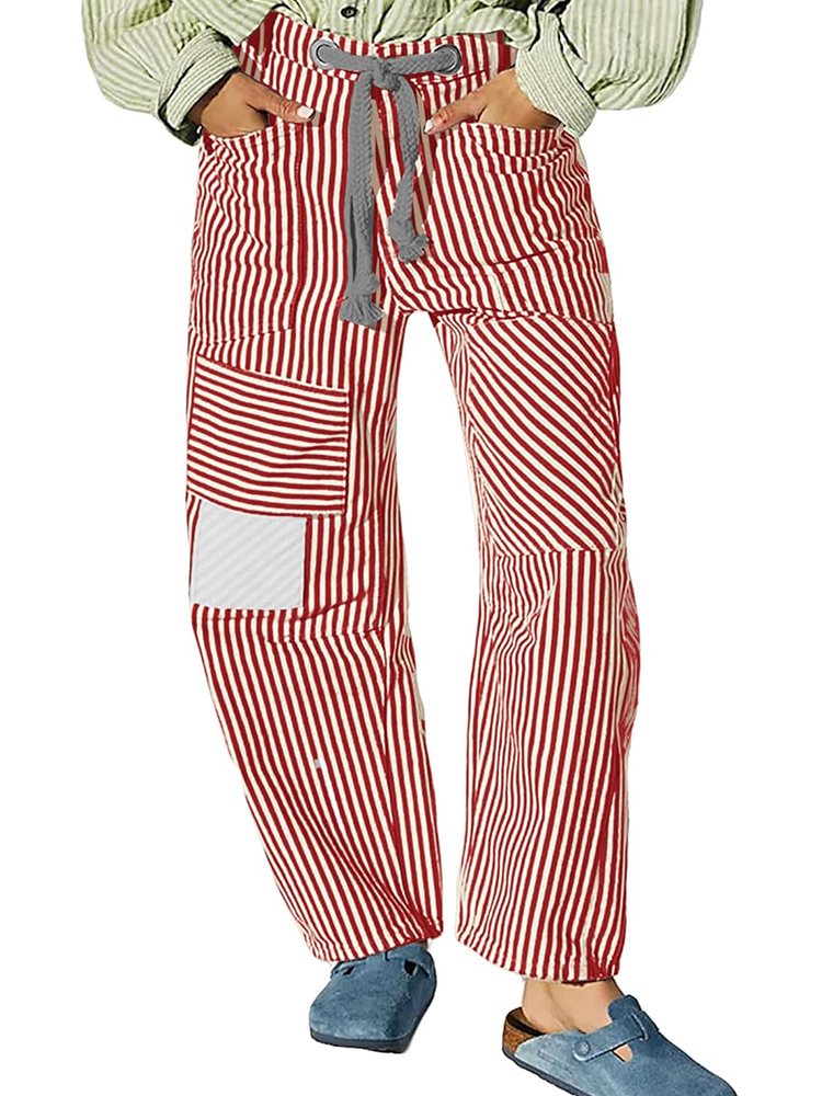Women's Striped Drawstring Wide Leg Mom Denim Pants with Pockets
