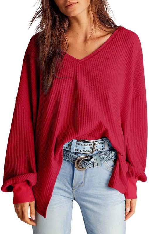 Waffle Knit Tops  Long Lantern Sleeve Casual Blouses