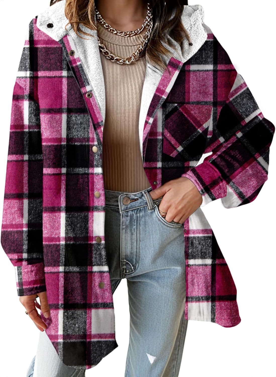 Women's Flannel Fuzzy Fleece Button down Hooded Plaid Shacket Jacket (Buy 2 Free Shipping)