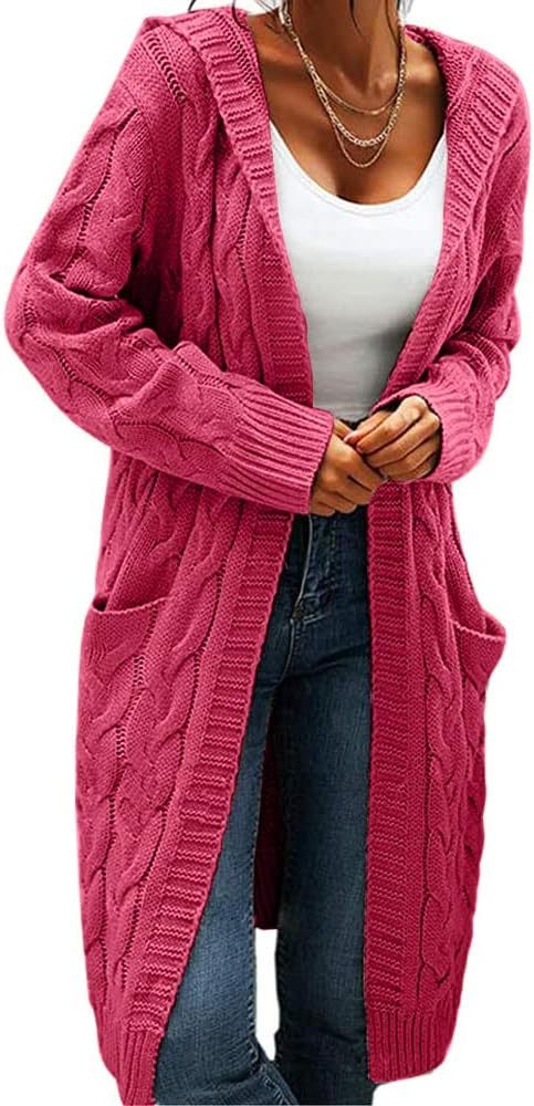 Women Hooded Open Front Cardigan Cable Knit Sweaters Chunky Long Sweater Coats