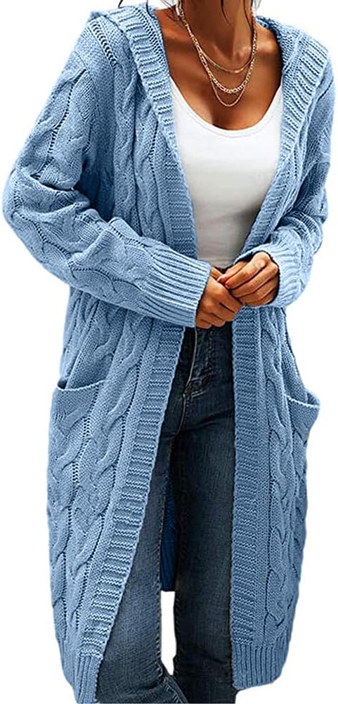 Women Hooded Open Front Cardigan Cable Knit Sweaters Chunky Long Sweater Coats