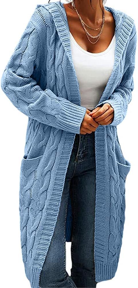 Women Hooded Open Front Cardigan Cable Knit Sweaters Chunky Long Sweater Coats