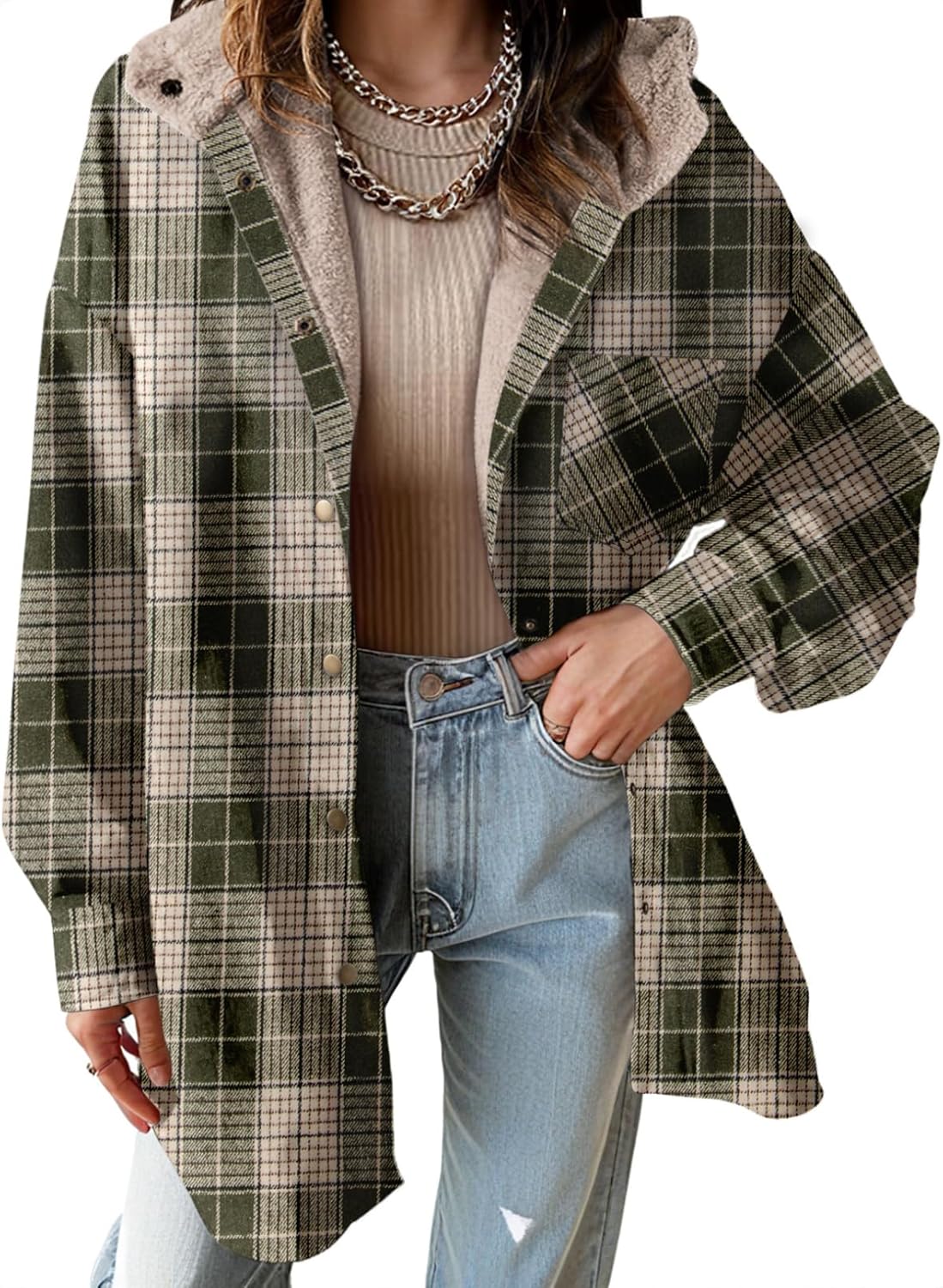 Women's Flannel Fuzzy Fleece Button down Hooded Plaid Shacket Jacket (Buy 2 Free Shipping)