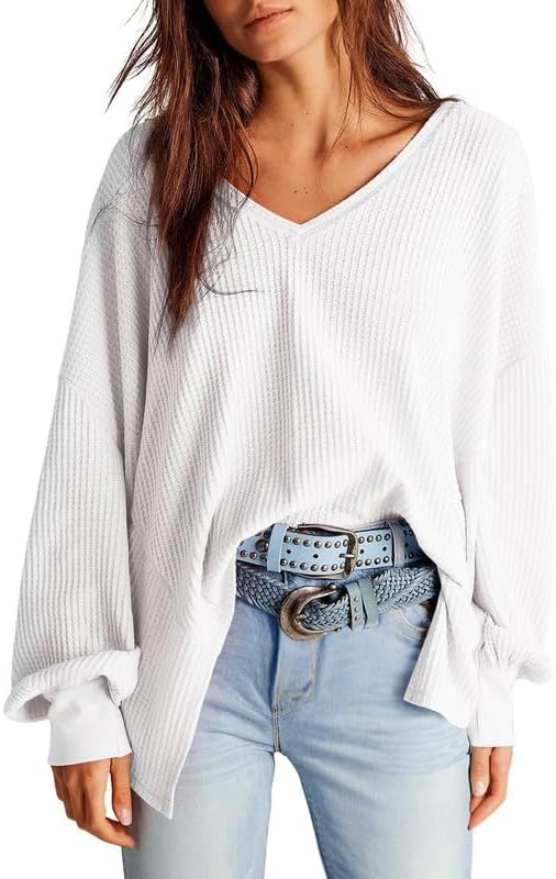 Waffle Knit Tops  Long Lantern Sleeve Casual Blouses