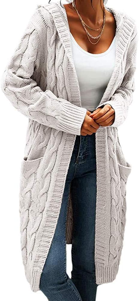 Women Hooded Open Front Cardigan Cable Knit Sweaters Chunky Long Sweater Coats