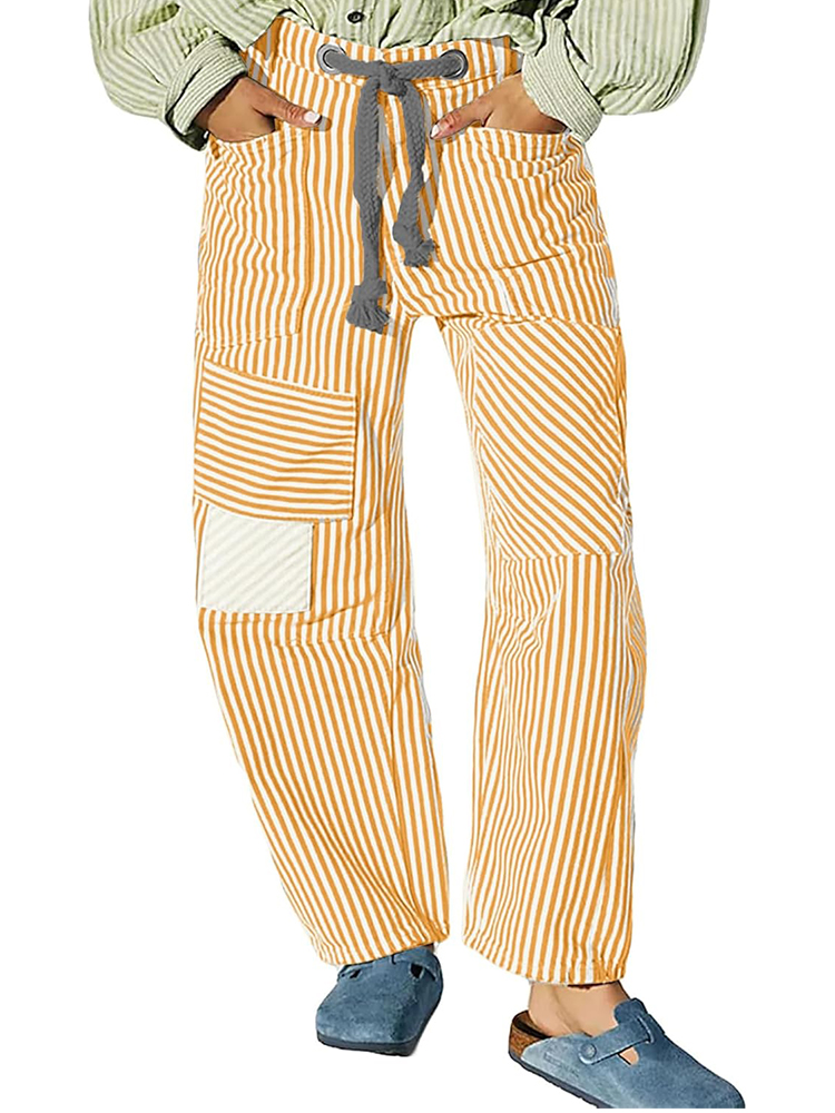 Women's Striped Drawstring Wide Leg Mom Denim Pants with Pockets
