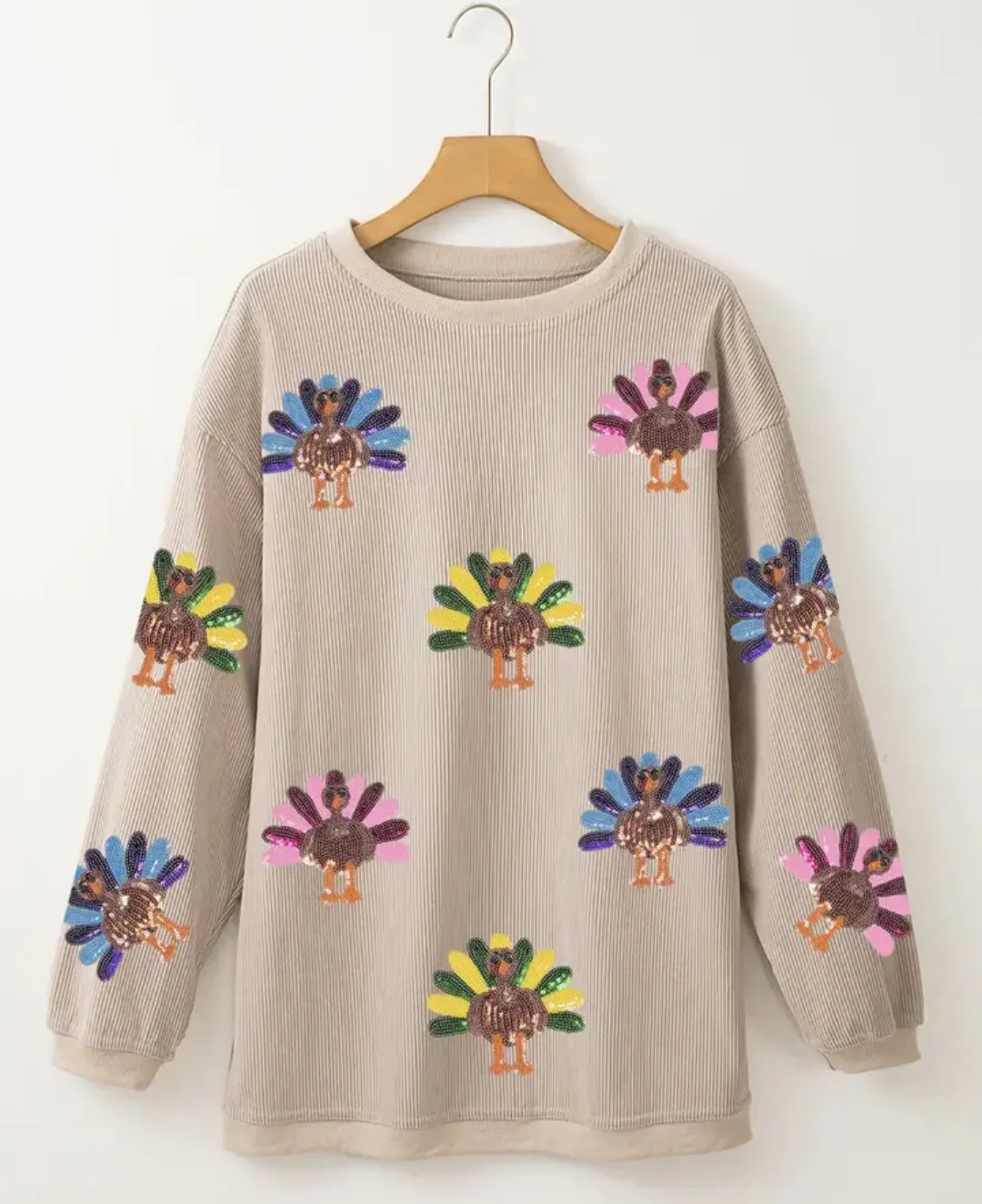 Talk Turkey to Me 🦃✨ Oversized Sequin Turkey Patch Corded Tee – Cozy, Festive, and Perfect for Fall!