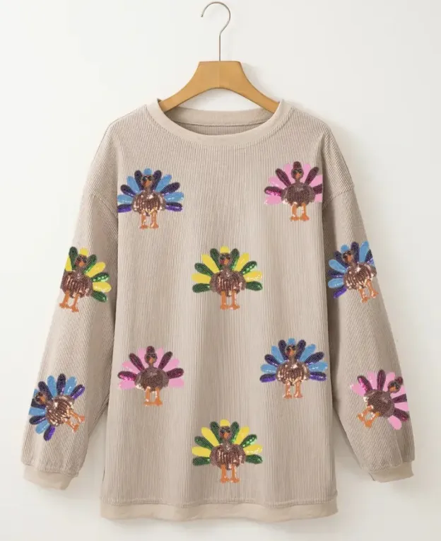 Talk Turkey to Me 🦃✨ Oversized Sequin Turkey Patch Corded Tee – Cozy, Festive, and Perfect for Fall!