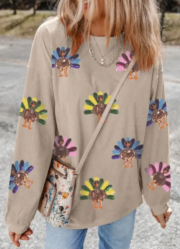 Talk Turkey to Me 🦃✨ Oversized Sequin Turkey Patch Corded Tee – Cozy, Festive, and Perfect for Fall!