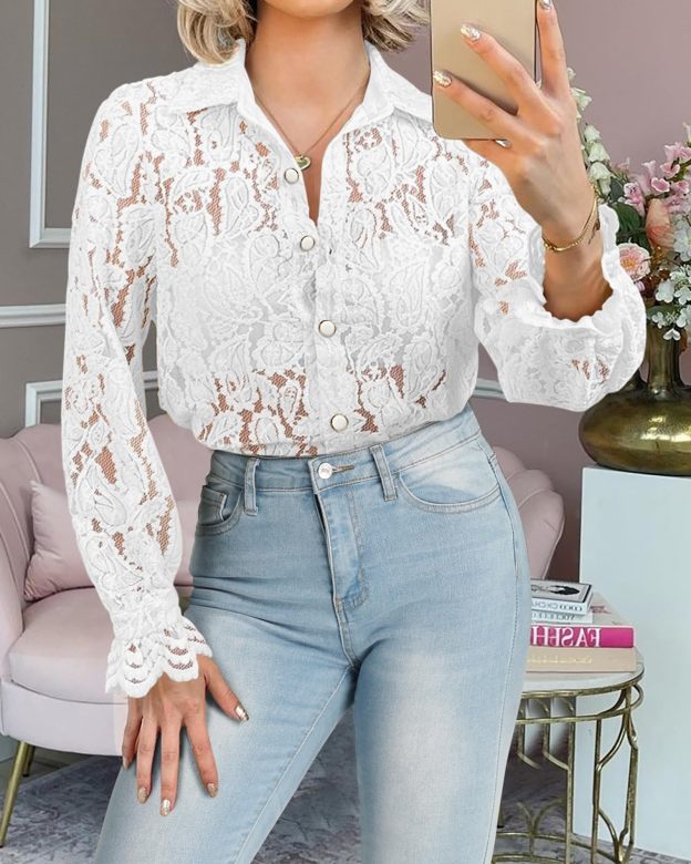 Women's Lace Blouses Long Sleeve Button Down Shirt(Buy 2 Free Shipping)
